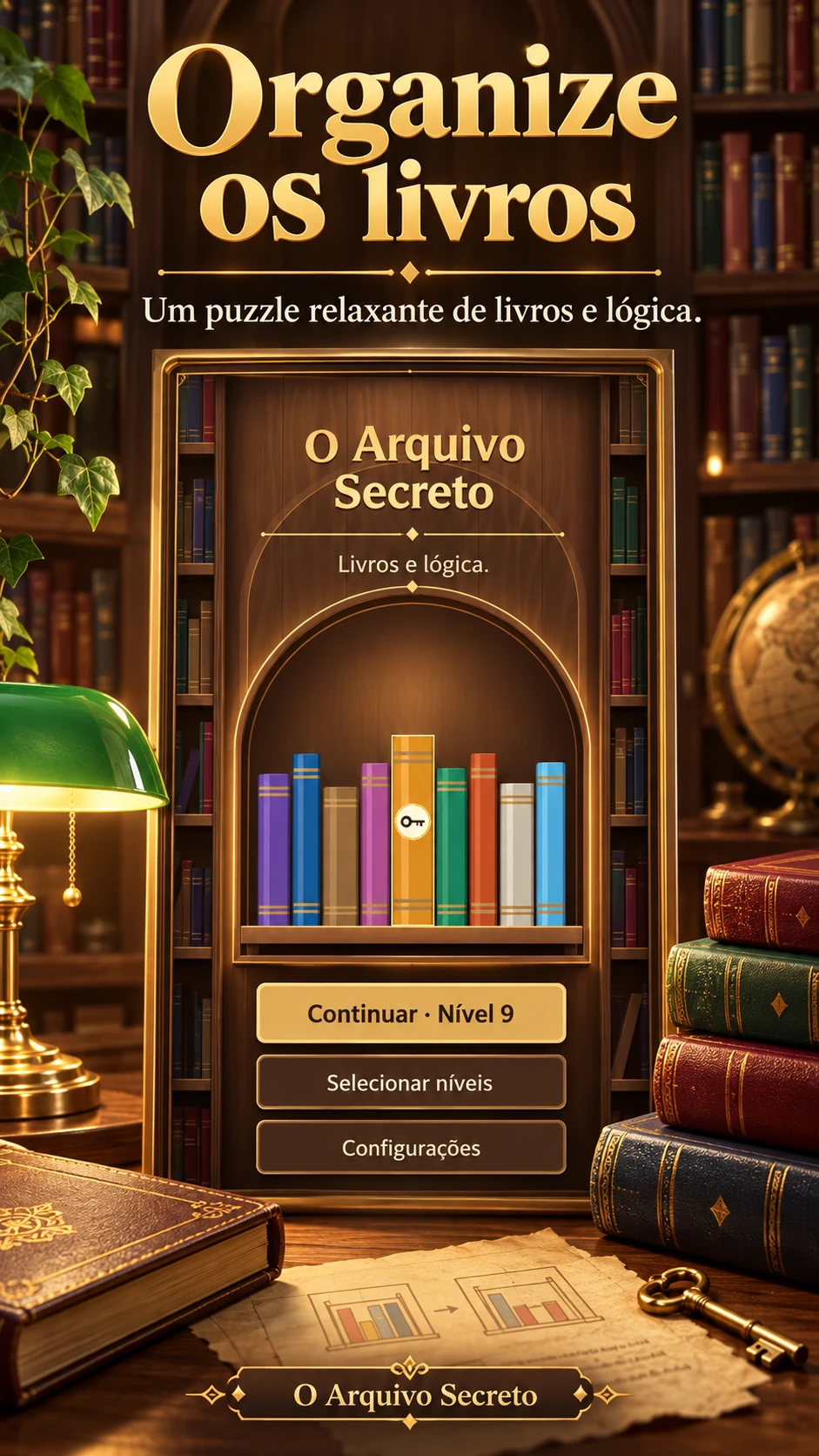 Tela inicial de O Arquivo Secreto, com os botões Continuar, Selecionar níveis e Configurações.