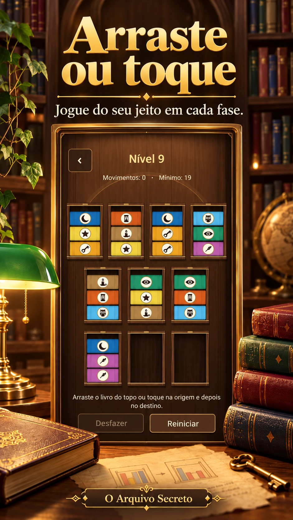 Nível 9: estantes com livros coloridos e símbolos, contador de movimentos e botões Desfazer e Reiniciar.