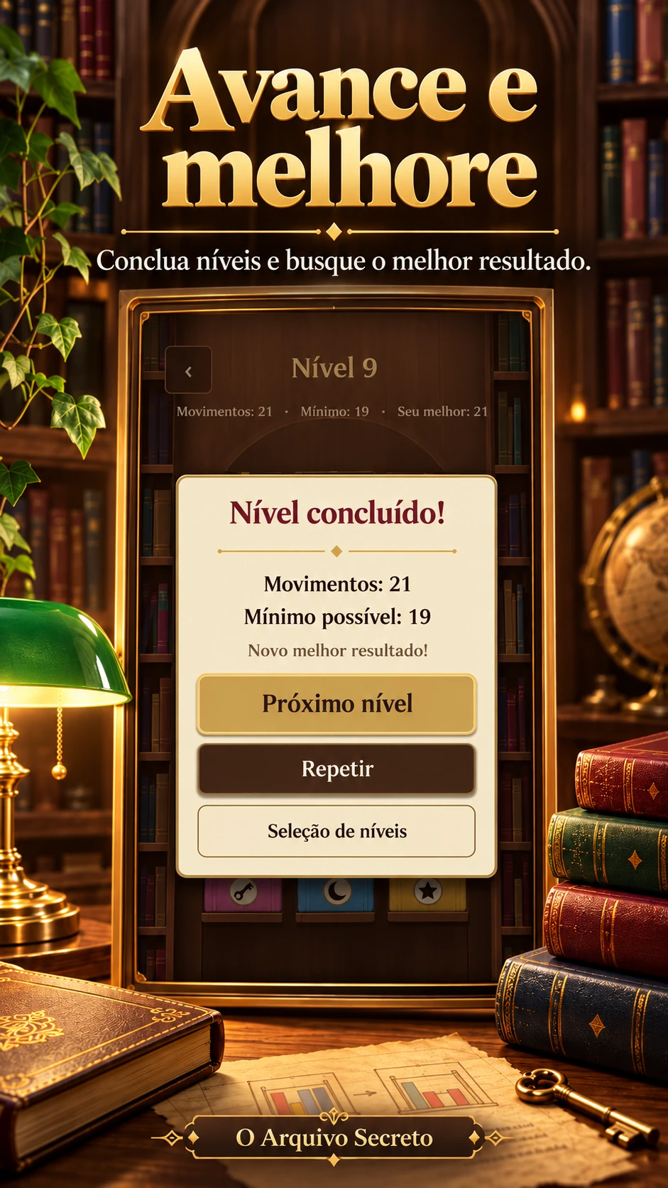 Tela de nível concluído, com os movimentos feitos, o mínimo possível e as opções Próximo nível, Repetir e Seleção de níveis.